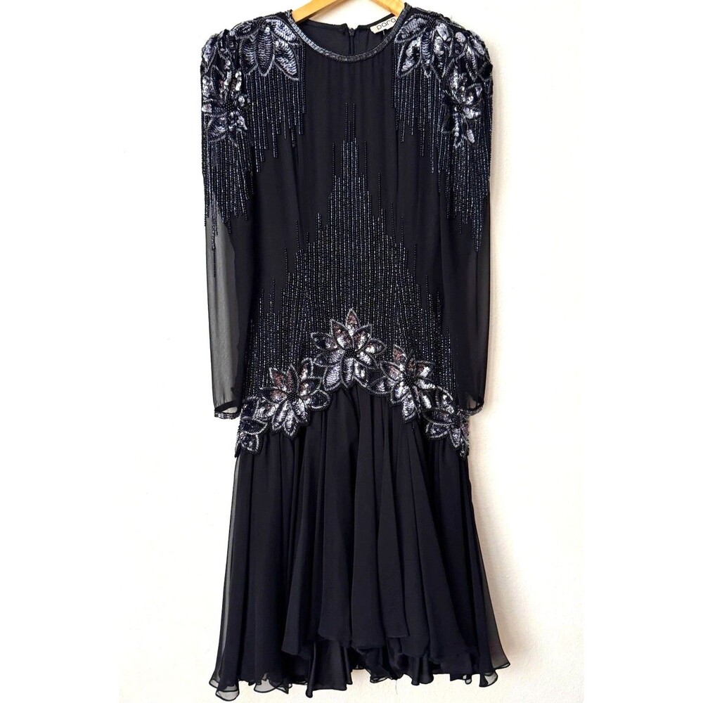 Vintage 80s Para Beaded Sequin Dress Size 8 Black Silver Drop Waist Formal Midi